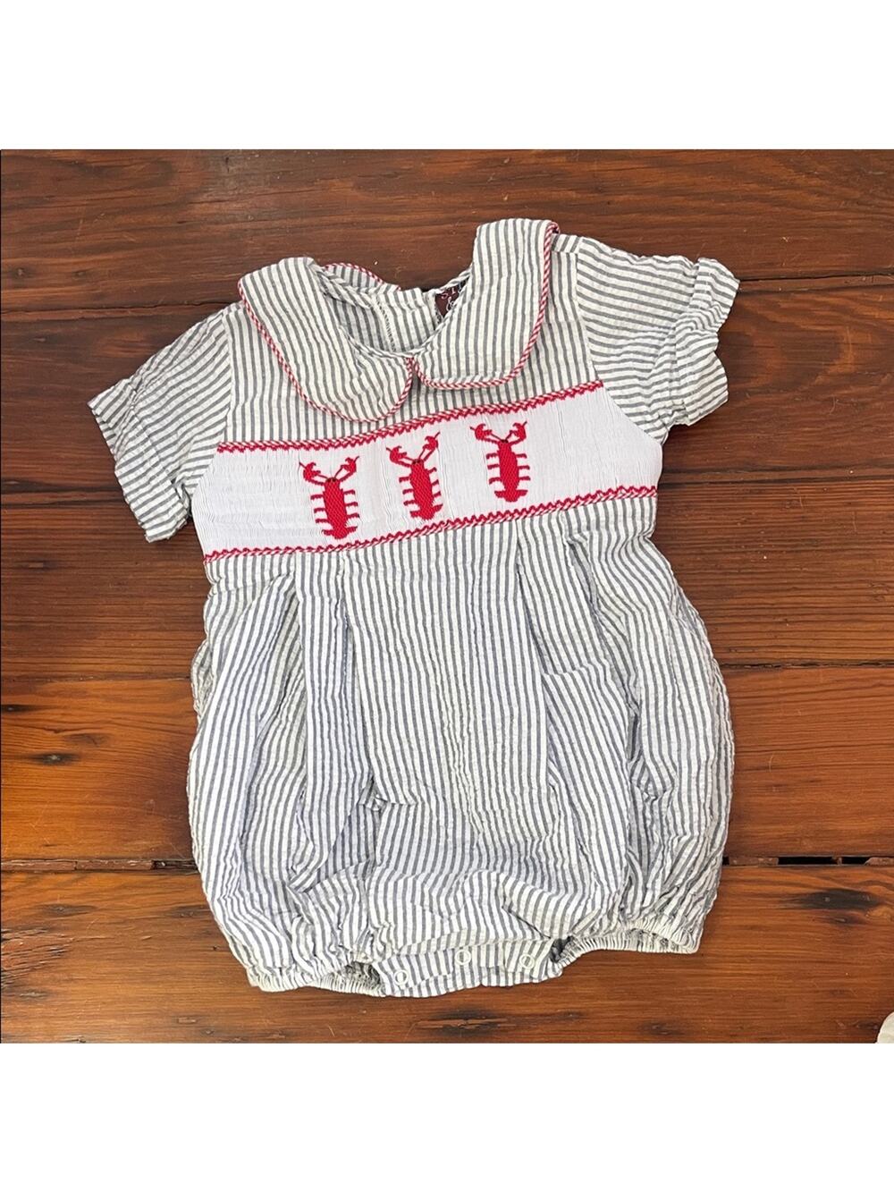 Stitched & Smocked crawfish embroidered seersucker striped bubble romper sz 12